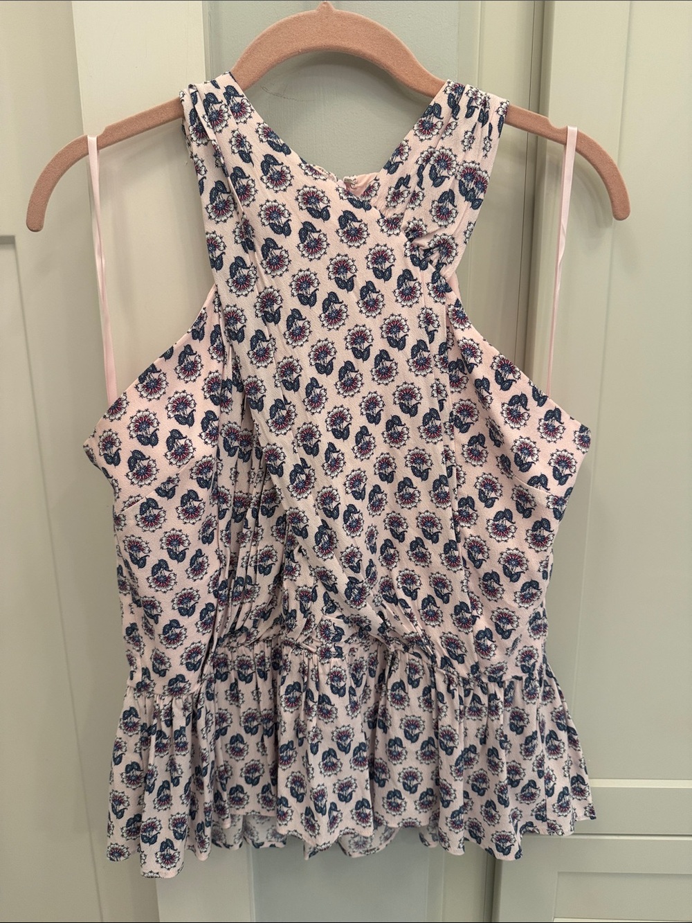 LOFT Light Pink Floral Blouse with Navy Accents